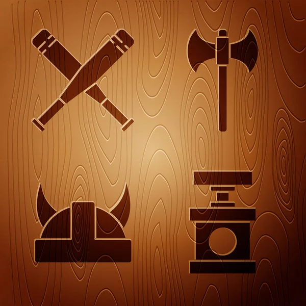 Sett Håndtak Dynamitt Crossed Baseball Bat Viking Hornhjelm Middelalderøks Trebakgrunn – stockvektor