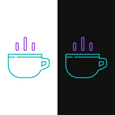 Çizgili kahve fincanı simgesi beyaz ve siyah arkaplanda izole edilmiş. Çay fincanı. Sıcak içecek kahvesi. Renkli taslak konsepti. Vektör.