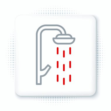 Beyaz zemin üzerinde su damlaları akan ikon olan çizgi duş başlığı izole edildi. Renkli taslak konsepti. Vektör.