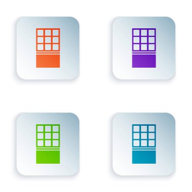 Beyaz arkaplanda izole edilmiş renkli çikolata simgesi. Kare düğmelere renkli simgeleri yerleştir. Vektör.