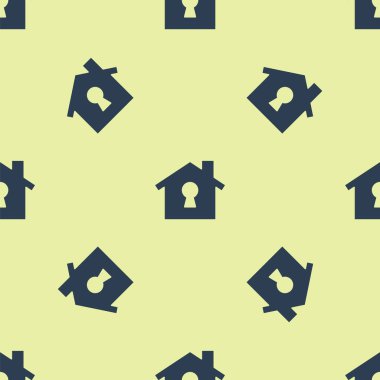 Mavi Saray koruma ikonu altında sarı arka planda kusursuz desen izole edildi. Ev ve kalkan. Koruma, güvenlik, güvenlik, koruma, savunma konsepti. Vektör.