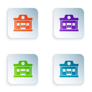 Beyaz arka planda izole edilmiş Vahşi Batı salonu ikonu. Eski batı binası. Kare düğmelere renkli simgeleri yerleştir. Vektör.