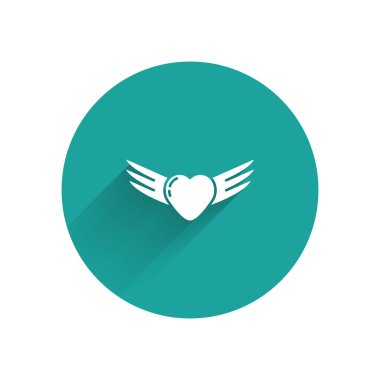 Uzun gölgeli, kanatlı beyaz kalp. Aşk sembolü. Sevgililer Günü. Yeşil daire düğmesi. Vektör.