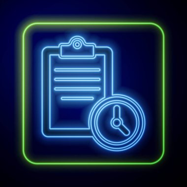 Parlayan neon spor eğitim programı veya mavi arka planda izole edilmiş fitness planı simgesi. Vektör.