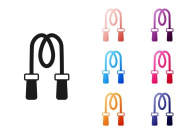 Beyaz arkaplanda siyah atlama ipi simgesi izole edildi. İp atlıyorum. Spor malzemeleri. Simgeleri renklendirin. Vektör.