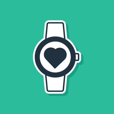 Mavi Akıllı saat yeşil arkaplanda kalp atışı simgesini gösteriyor. Fitness uygulaması konsepti. Vektör.