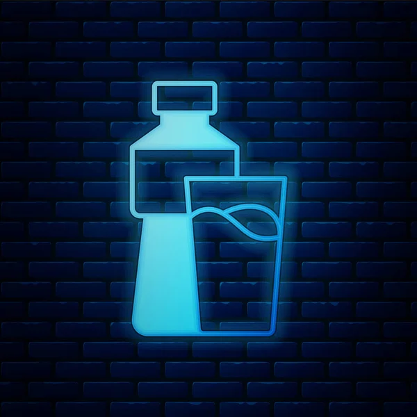 Glödande Neon Flaska Vatten Med Glas Ikon Isolerad Tegelvägg Bakgrund — Stock vektor
