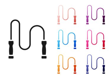 Beyaz arkaplanda siyah atlama ipi simgesi izole edildi. İp atlıyorum. Spor malzemeleri. Simgeleri renklendirin. Vektör.