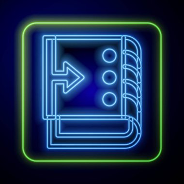 Parlayan neon ses karıştırıcı simgesi mavi arkaplanda izole edildi. DJ ekipman kaydırma düğmeleri. Konsol karıştırılıyor. Vektör.