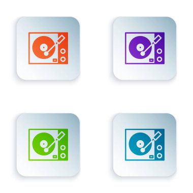 Beyaz arkaplanda izole edilmiş vinil disk simgesine sahip renkli vinil oynatıcı. Kare düğmelere renkli simgeleri yerleştir. Vektör.