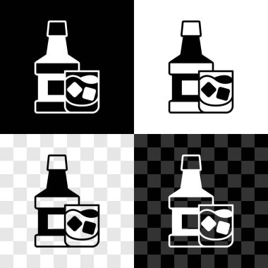 Viski şişesi ve cam ikonu siyah beyaz, şeffaf arkaplanda izole et. Vektör.