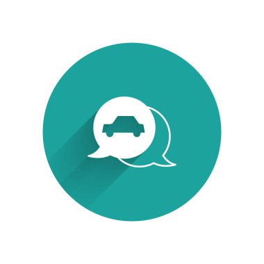 Beyaz Araba servisi simgesi uzun gölgeli izole edildi. Otomobil tamircisi. Tamirci oto tamircisi. Bakım tabelası. Yeşil daire düğmesi. Vektör.