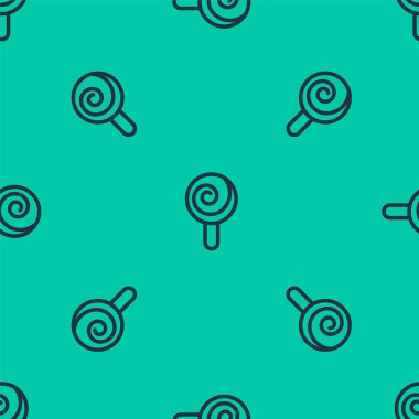 Mavi çizgi lolipop ikonu yeşil arka planda kusursuz desen izole etti. Şeker işareti. Yemek, lezzetli bir sembol. Vektör.