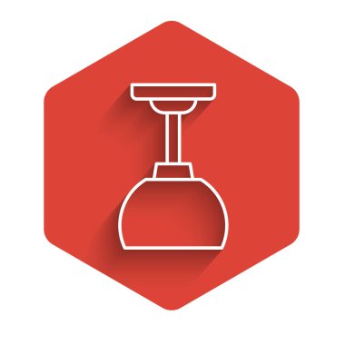 Beyaz çizgi lamba asılı ikon uzun gölge ile izole. Tavan lambası ampulü. Kırmızı altıgen düğmesi. Vektör.