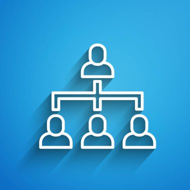 Beyaz çizgi İşletme hiyerarşisi şeması bilgi ikonu mavi arkaplanda izole edildi. Kurumsal yapı grafik elementleri. Uzun gölge. Vektör.