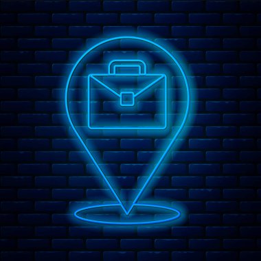 Parlayan neon hattı, tuğla duvar arka planında izole edilmiş çalışan bir simge. Evinde dizüstü bilgisayarla çalışan serbest çalışan bir adam. Uzaktan kumanda. Mesafeli iş kavramı. Vektör.