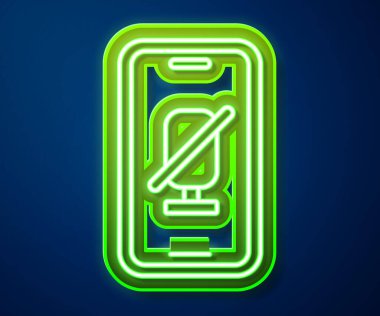 Cep telefonu simgesindeki parlak neon hattı sessiz mikrofon mavi arkaplanda izole edildi. Mikrofon sesi kapatıldı. Vektör.