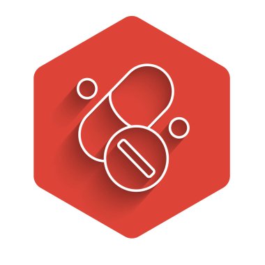 Uzun gölgeli beyaz çizgi haplı kapsül ikonu vitamin kompleksi. Sağlıklı bir yaşam tarzı. Kırmızı altıgen düğmesi. Vektör.