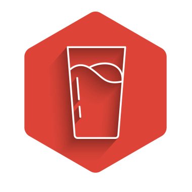 Su ikonlu beyaz çizgi camlar uzun gölgeli. Soda bardağı. Kırmızı altıgen düğmesi. Vektör.