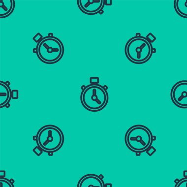 Mavi çizgi Stopwatch simgesi yeşil arkaplandaki kusursuz deseni izole etti. Zaman göstergesi. Kronometre işareti. Vektör.