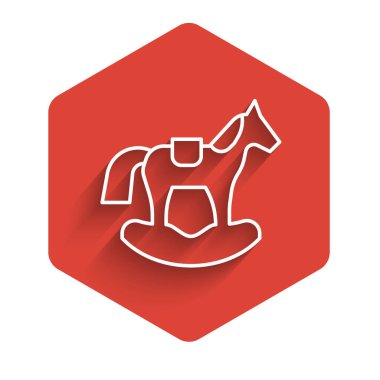 Beyaz çizgili tahta at, uzun gölgeli izole edilmiş küçük çocuk ikonu için eyerde sallanıyor. Kırmızı altıgen düğmesi. Vektör.