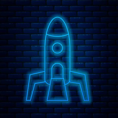Parlayan neon hattı roket gemisi simgesi tuğla duvar arka planında izole edildi. Uzay yolculuğu. Vektör.