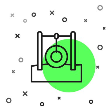 İp ikonunda asılı siyah çizgili araba lastiği beyaz arka planda izole edilmiş. Lastik ipli oyun alanı ekipmanları. Vektör.