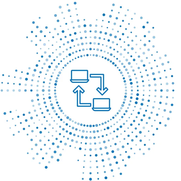 Mavi Hat Çevrimiçi çalışan simge beyaz arkaplanda izole edildi. Evinde dizüstü bilgisayarla çalışan serbest çalışan bir adam. Uzaktan kumanda. Mesafeli iş kavramı. Soyut çember rastgele noktalar. Vektör.