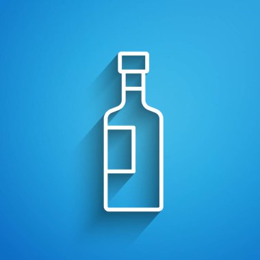 Beyaz çizgili şarap şişesi ikonu mavi arka planda izole edilmiş. Uzun gölge. Vektör.