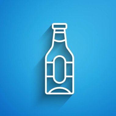 Beyaz çizgi bira şişesi ikonu mavi arka planda izole edildi. Uzun gölge. Vektör.