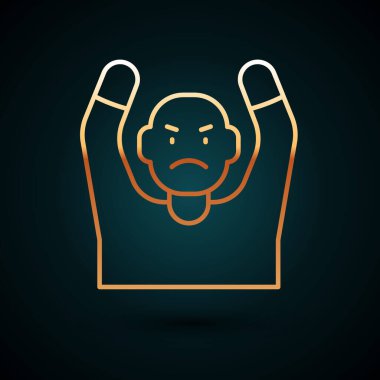 Altın Çizgili Hırsız ellerini koyu mavi arka planda izole edilmiş bir simgeye koyuyor. İki eli havada teslim olan bir adam. Vektör.