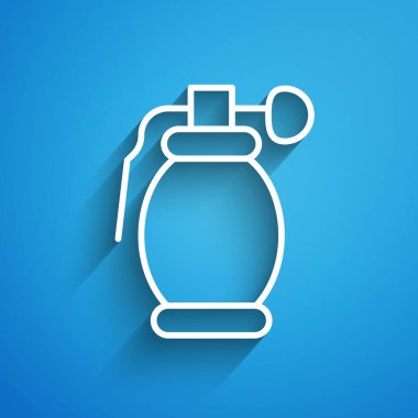 Beyaz çizgili el bombası ikonu mavi arka planda izole edildi. Bomba patlaması. Uzun gölge. Vektör.