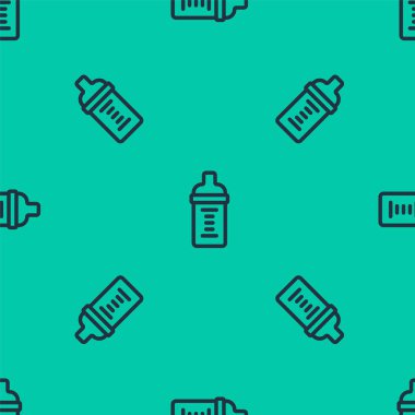 Mavi çizgi bebek sütü yeşil arka planda izole edilmiş bir ikon. Beslenme şişesi simgesi. Vektör.