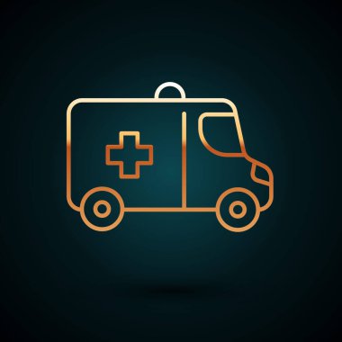 Altın çizgili ambulans ve acil durum arabası ikonu koyu mavi arka planda izole edildi. Ambulans aracı tıbbi tahliye. Vektör.