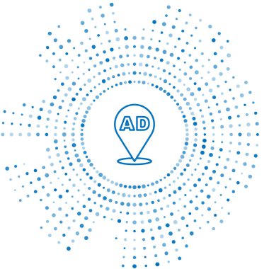 Mavi çizgi reklam simgesi beyaz arkaplanda izole edildi. Pazarlama ve tanıtım süreci kavramı. İlgili reklamlar. Sosyal medya reklamcılığı. Soyut çember rastgele noktalar. Vektör.