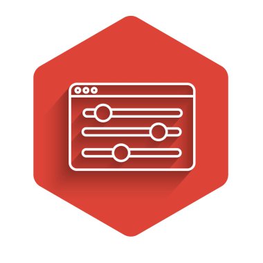 Beyaz çizgi Tarayıcı simgesini uzun gölgeyle izole ediyor. Ayarlama, servis, bakım, onarım, onarım. Kırmızı altıgen düğmesi. Vektör.