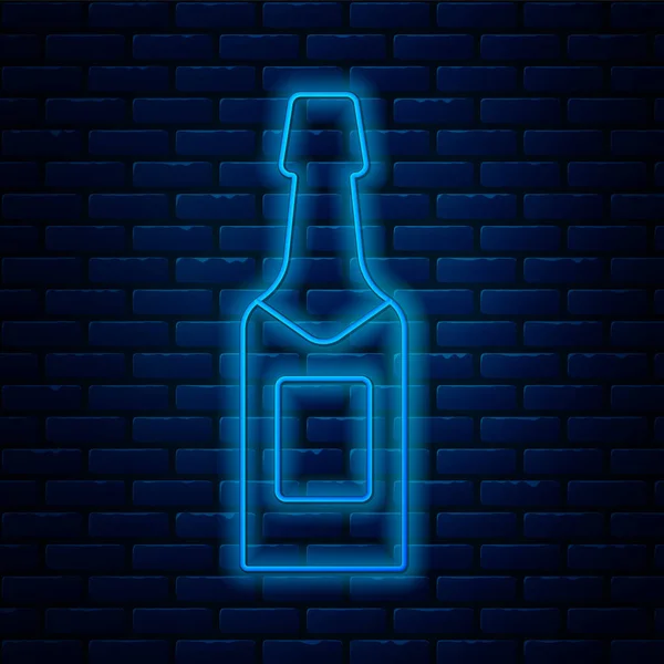 Glowing Neon Line Champagne Bottle Icon Isolated Brick Wall Background — Stock Vector