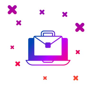 Renk Çevrimiçi çalışma simgesi beyaz arkaplanda izole edildi. Evinde dizüstü bilgisayarla çalışan serbest çalışan bir adam. Uzaktan kumanda. Mesafeli iş kavramı. Kademeli rastgele dinamik şekiller. Vektör.