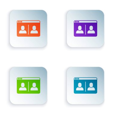 Renkli Video sohbet konferansı simgesi beyaz arkaplanda izole edildi. Çevrimiçi iş görüşmesi formu. Uzak proje yönetimi. Kare düğmelere renkli simgeleri yerleştir. Vektör.