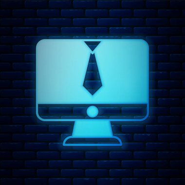 Parlayan neon görüntülü sohbet ikonu tuğla duvar arka planında izole edildi. Çevrimiçi iş görüşmesi formu. Uzak proje yönetimi. Vektör.