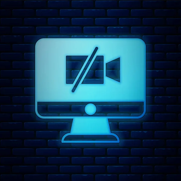 Świecąca Neonowa Kamera Wideo Wyłączona Ikonie Komputera Odizolowana Ceglanym Tle — Wektor stockowy