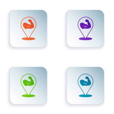 Renkli vücut geliştirici beyaz arka planda izole edilmiş kas simgesini gösteriyor. Formda kalmak, güçlü sağlık hobisi kavramı. Kare düğmelere renkli simgeleri yerleştir. Vektör.