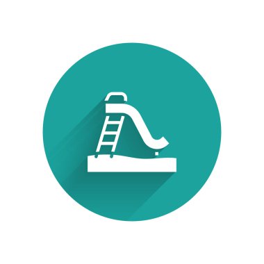 Beyaz Çocuk kaydırak ikonu uzun gölgeli. Çocuklar kayar. Yeşil daire düğmesi. Vektör.