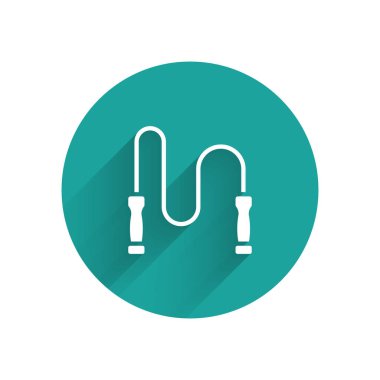 Uzun gölgeli beyaz atlama ipi simgesi. İp atlıyorum. Spor malzemeleri. Yeşil daire düğmesi. Vektör.