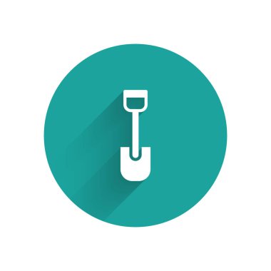 Beyaz Kürek oyuncak ikonu uzun gölgeli izole edilmiş. Yeşil daire düğmesi. Vektör.