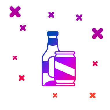 Renkli bira şişesi ve beyaz arka planda izole edilmiş bira kutusu ikonu. Kademeli rastgele dinamik şekiller. Vektör.