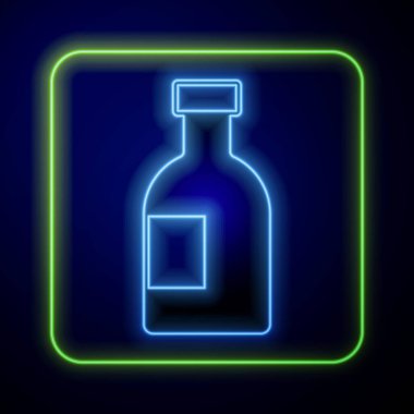 Parlayan neon cam şişe votka ikonu mavi arka planda izole edilmiş. Vektör.