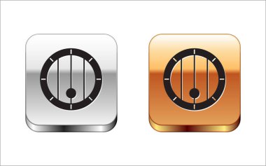 Beyaz arka planda siyah tahta varil ikonu izole edildi. Alkol fıçısı, içki kabı, bira için tahta fıçı, viski, şarap. Gümüş ve altın kare düğmeler. Vektör.