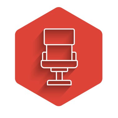 Beyaz çizgi ofis koltuğu ikonu uzun gölgeli izole edilmiş. Koltuk işareti. Kırmızı altıgen düğmesi. Vektör.