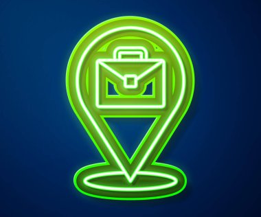 Parlayan neon hattı. Çevrimiçi çalışan simge mavi arkaplanda izole edildi. Evinde dizüstü bilgisayarla çalışan serbest çalışan bir adam. Uzaktan kumanda. Mesafeli iş kavramı. Vektör.